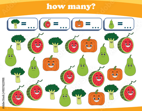 Counting game of fruits for preschool kids. Printable. Vector Illustration