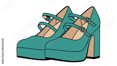 Elegant Teal Platform Mary Jane Heels With Double Strap Buckle Detail Isolated On Black Background