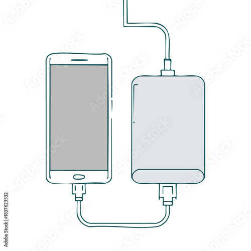 充電中のスマートフォンとモバイルバッテリーのベクターイラスト  スマホと予備電源、防災グッズ、ガジェット