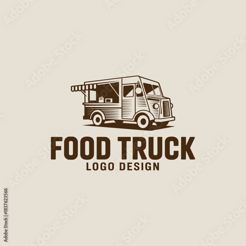 Food truck logo template. Street food cart vector design. Retro food truck logotype.