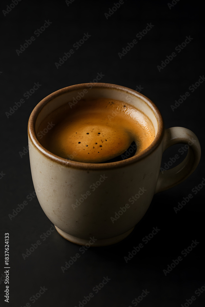 Fototapeta premium Hot Espresso Coffee in Ceramic Mug on Dark Background