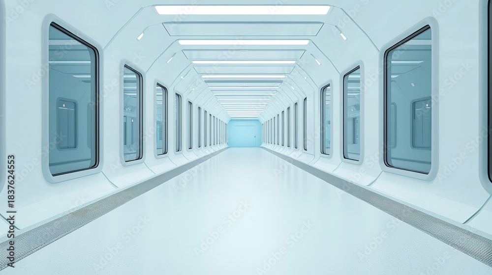 Fototapeta premium A modern, minimalist corridor with sleek white walls and large windows, illuminated by bright lighting, creating a futuristic atmosphere.