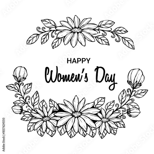 Hand-Drawn Women’s Day 8th March Illustration with Floral Border