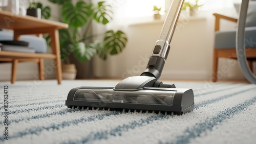 Close-up of a modern vacuum cleaner head cleaning a striped rug in a bright, tidy living room
