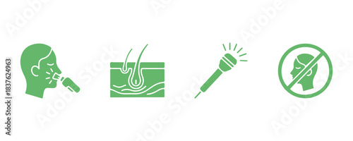 Collection of Symbols for Laser Cosmetology Equipment. Woman's Facial Hair Removal Illustrated with Laser Line Icons. Medical Beauty Therapy Pictograms for Girls' Facial Skin. Isolated Vector Illustra