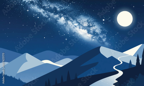Night View of the Mountain Peak Illustrator Artwork Banner Background Design Template 