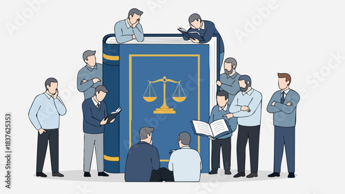 Group of people discussing legal matters around a large law book with scales of justice.