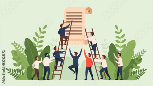 Team of people collaborating to complete a large document.