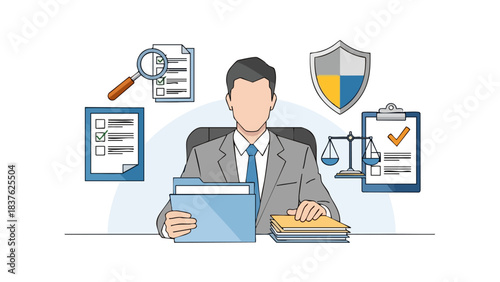 Man in Suit with Folders and Legal Documents.