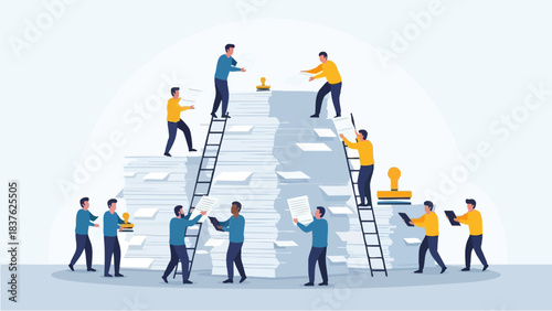 People working together to organize and process a large stack of documents.