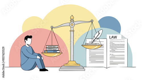 Man sitting next to a scale balancing books and legal documents, symbolizing justice and law.