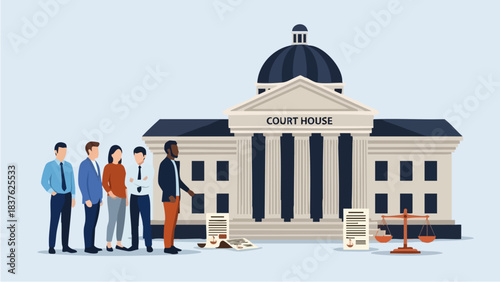 Diverse group of people standing outside courthouse building.