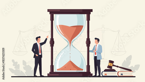 Businessmen observing a large hourglass with a gavel and books.