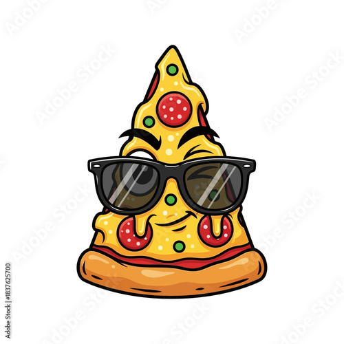Pizza slice cartoon mascot wearing sunglasses winking cool food character illustration vector design