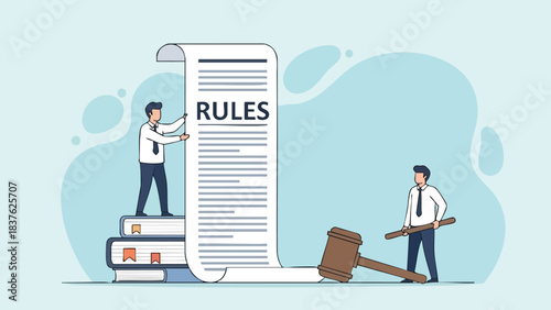 Two men reviewing a large document titled Rules with a gavel nearby.
