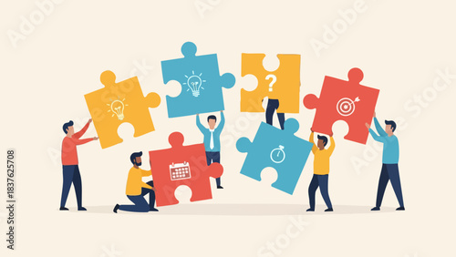 Teamwork assembling puzzle pieces with icons representing business goals.