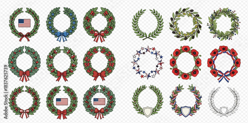 Set of Botanical Wreaths for Decoration or Memorial 2dflat
