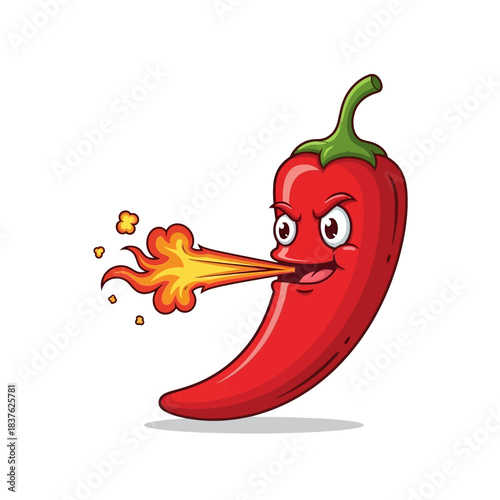 Cartoon chili pepper breathing fire mascot character spicy food hot flavor heat extreme intensity vegetable illustration