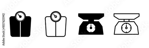 Scales icon set. Weight scale icon. Law scale icon. Justice