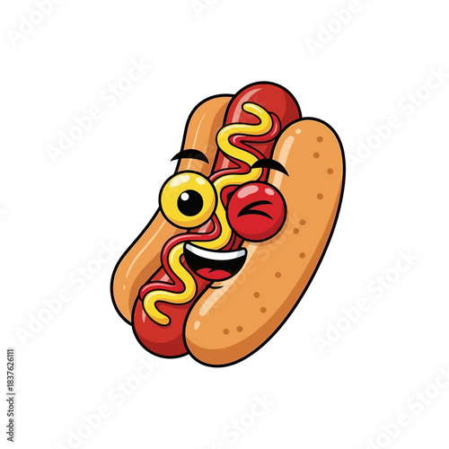 Cartoon hot dog mascot character with mustard and ketchup smiling winking funny food illustration vector design