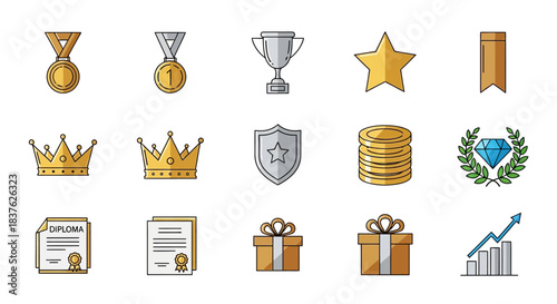 Set of icons representing achievement, success, awards, and recognition with symbols of trophies, medals, crowns, and gifts