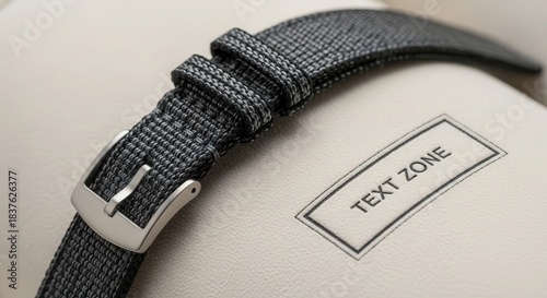 Close up of a textured fabric watch strap secured with a metal buckle resting on a light surface with a designated area for inscription.