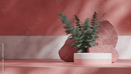 rendering 3d footage blank mockup of white and pink round podium looping seamless shadow animation with rocks and eucalyptus leaf