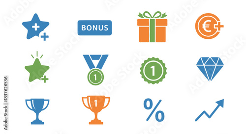 Set of sixteen flat icons representing various rewards, promotions, and success metrics including stars, trophies, and financial symbols