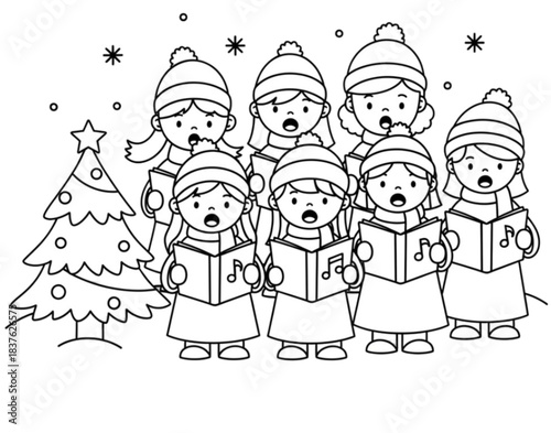 Cute childrens choir singing Christmas carols coloring page illustration.