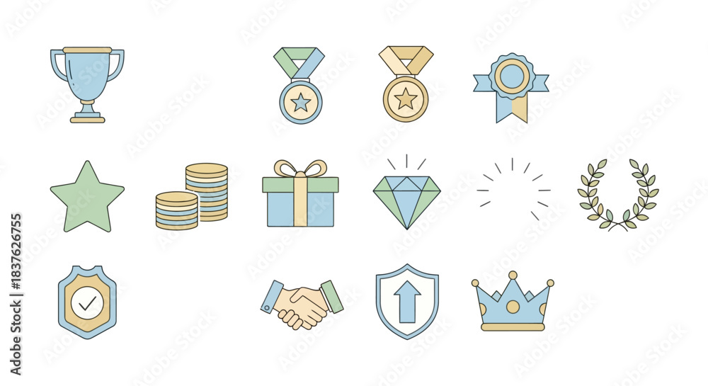 Fototapeta premium Modern flat line icon set for celebration, victory, and excellence, featuring awards, financial gains, quality assurance, and collaborative achievement visuals