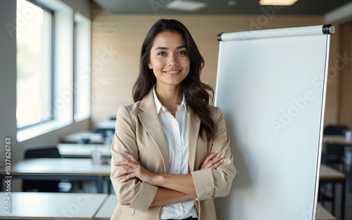 Confident young female business owner posing for professional portrait in co-working office space alone, standing at whiteboard with hands crossed, looking at camera, enjoying confidence, leadership