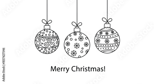 Merry Christmas greeting card design with three hanging decorative baubles in a black and white outline style for holiday coloring.