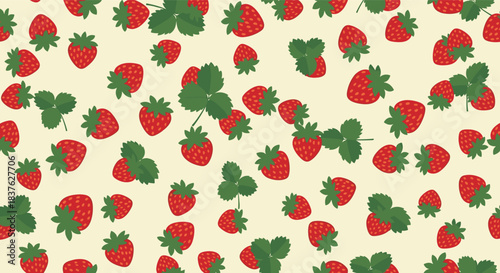 Sweet seamless pattern with scattered red strawberries and green leaves on a light background, ideal for summer fabric or wallpaper.