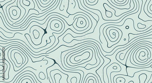 Abstract seamless pattern with dark blue topographic contour lines on a light green background, representing map elevation and terrain.