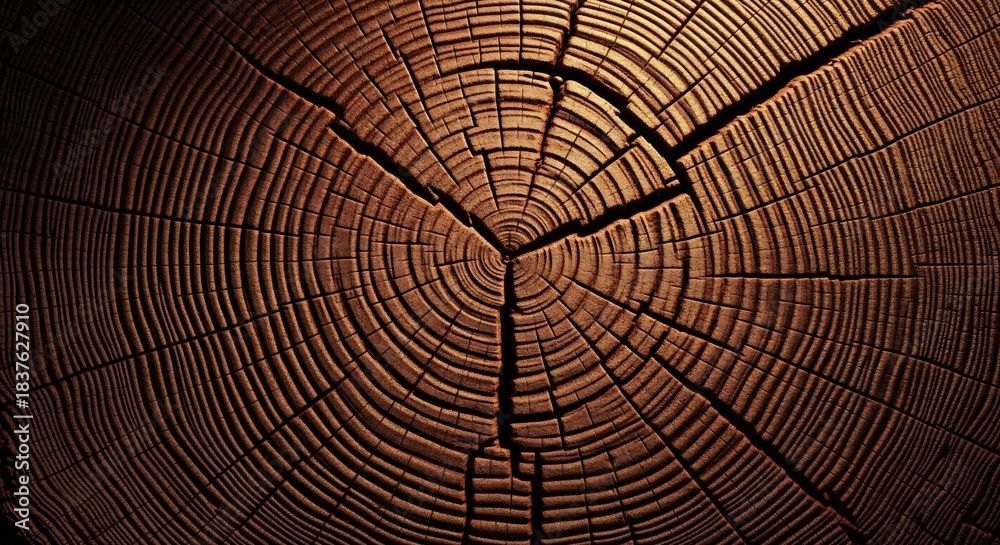 Fototapeta premium Dark brown tree trunk crosssection displaying distinct annual rings and radial cracks from the center