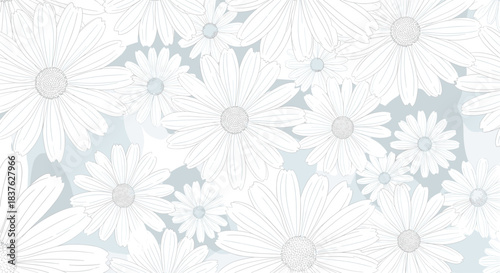 Subtle and elegant seamless floral background with large, overlapping white outline daisies on a pale blue and grey backdrop.