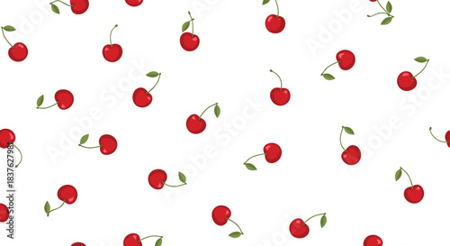 Simple and sweet seamless pattern with scattered red cherries and green leaves on a white background for a fresh summer design.