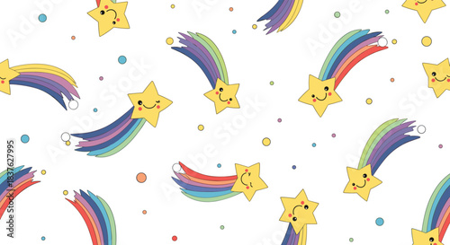Cute seamless pattern for kids with smiling cartoon shooting stars leaving rainbow trails on a white background with colorful dots.