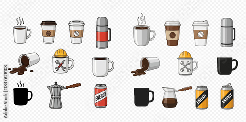 Diverse Coffee Culture and Beverage Vessels Collection for Daily Refreshment and Work Environments 2dflat