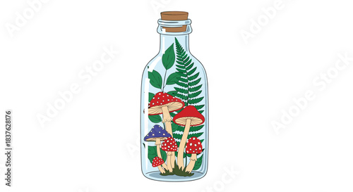 Witchcraft or fantasy-themed bottle terrarium with a cork, filled with magical red and blue mushrooms and various green leaves.
