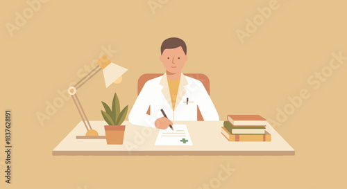 “Doctor writing a prescription at a desk, flat vector design, clean geometric composition, soft warm colors.”