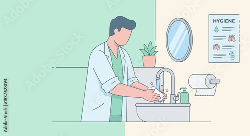 “Flat vector of a doctor washing hands at a sink, minimal medical environment, soft pastel palette, hygiene concept.”
