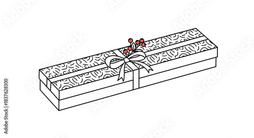 Black and white outline of a long rectangular gift box tied with a ribbon and decorated with a sprig of holly berries.