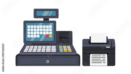Gray Cash Register and Printer with White Paper Receipts and Digital Display on a Black Background Flat Design Illustration