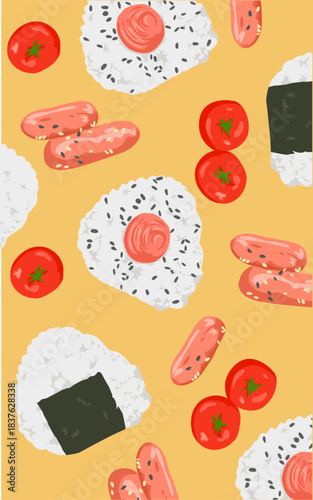 Sausage pattern with tomatoes and onigiri on yellow background 