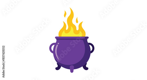 Simple flat design illustration of a purple witch's cauldron with a blazing yellow and orange fire burning inside the pot.