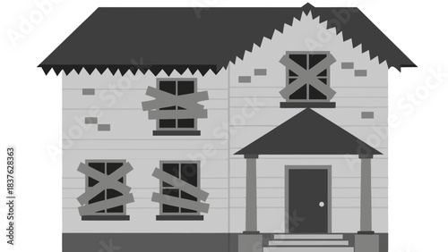 Gray Two Story House with Boarded Windows and Dark Roof on a Black Background Showing Abandonment and Neglect