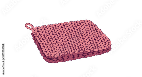 Pink knitted or crocheted washcloth or pot holder with a hanging loop, illustrating a cozy, handmade, and crafty textile item.