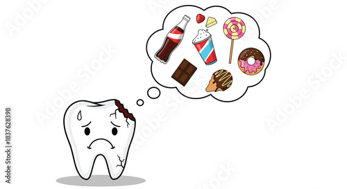 Sad cartoon tooth with a cavity, thinking about sugary foods and drinks like soda, candy, and donuts that cause tooth decay.