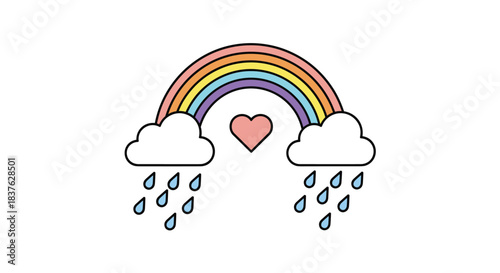Cute and simple illustration of a pastel rainbow with clouds, raindrops, and a pink heart, representing love, hope, and happiness.